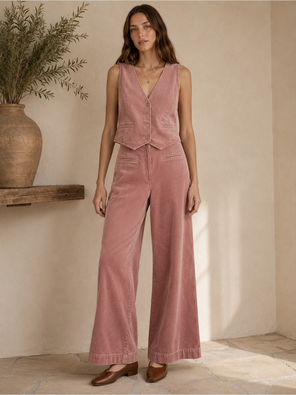 Anthropologie 2-Piece Corduroy Matching Set Button-Front Vest & Wide Leg Pants 6